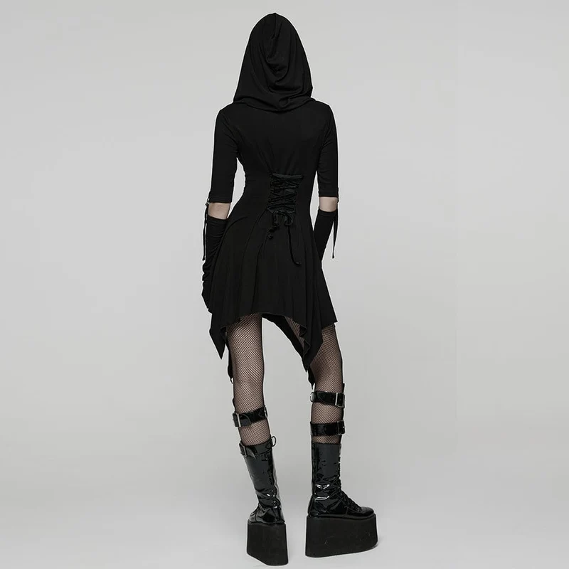 Damen Punk Cutout Kleid mit Schnallenriemen und Kapuze
