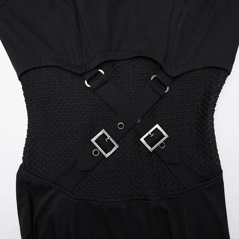 Damen Punk Cutout Kleid mit Schnallenriemen und Kapuze