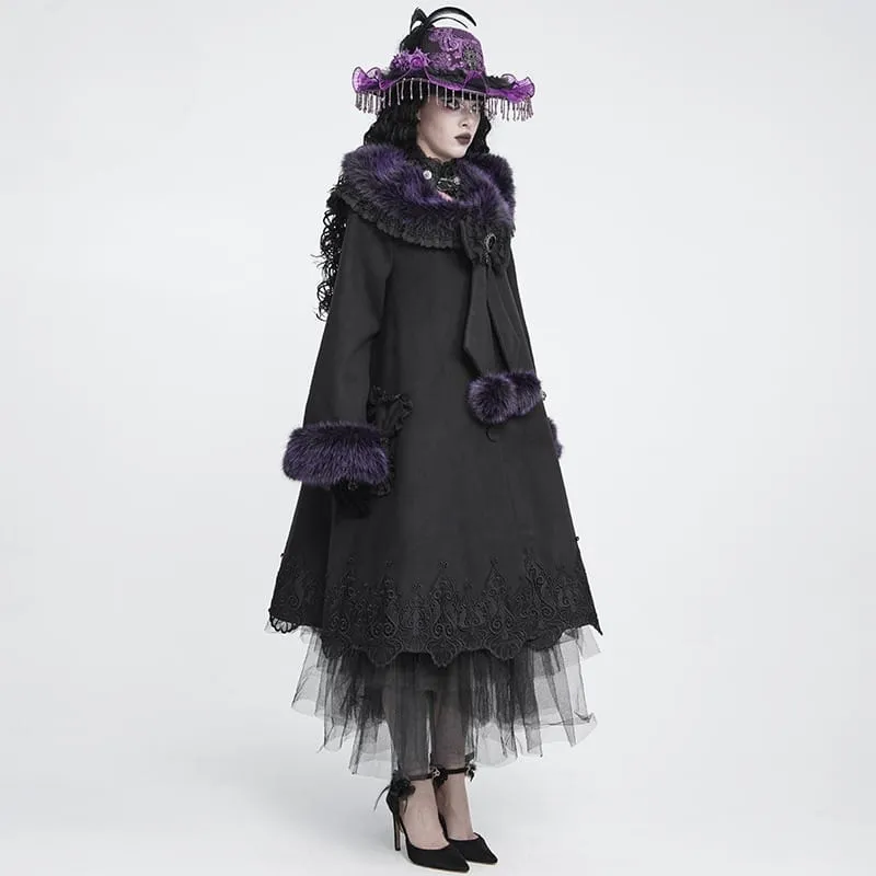 Langer Damenmantel im Gothic-Stil mit Spitzenbesatz, Kunstpelzkragen und abnehmbarer Schleife