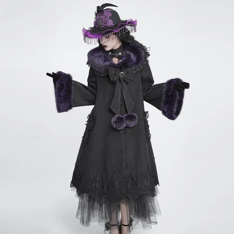Langer Damenmantel im Gothic-Stil mit Spitzenbesatz, Kunstpelzkragen und abnehmbarer Schleife