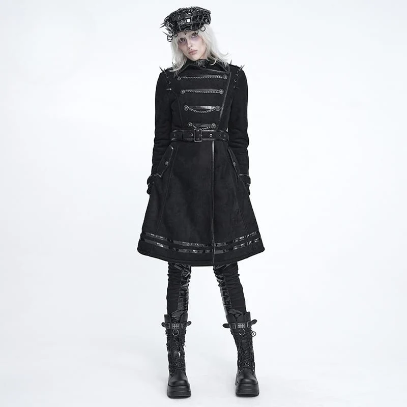 Punk-Mantel für Damen mit Nieten, Kettenrevers und schräger Knopfleiste