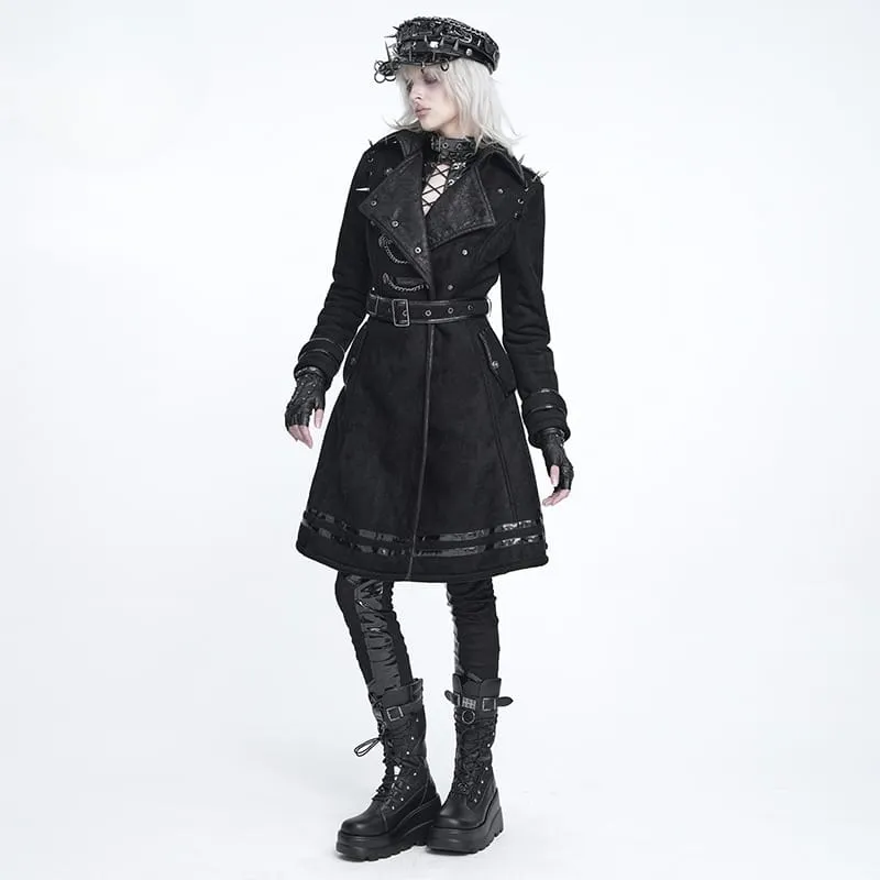 Punk-Mantel für Damen mit Nieten, Kettenrevers und schräger Knopfleiste