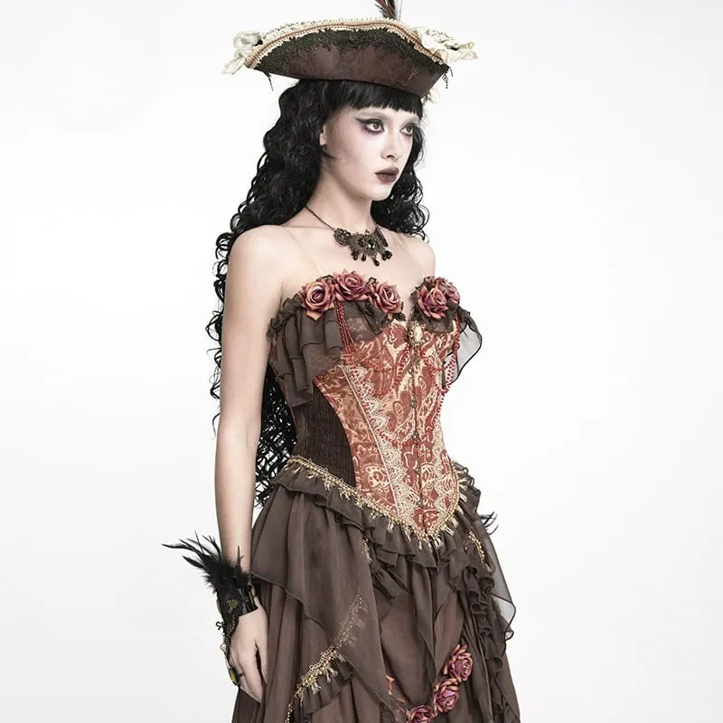 Gothic-Jacquard-Rosen-Overbust-Korsett für Damen mit asymmetrisch drapierten, transparenten Chiffon-Schleifen