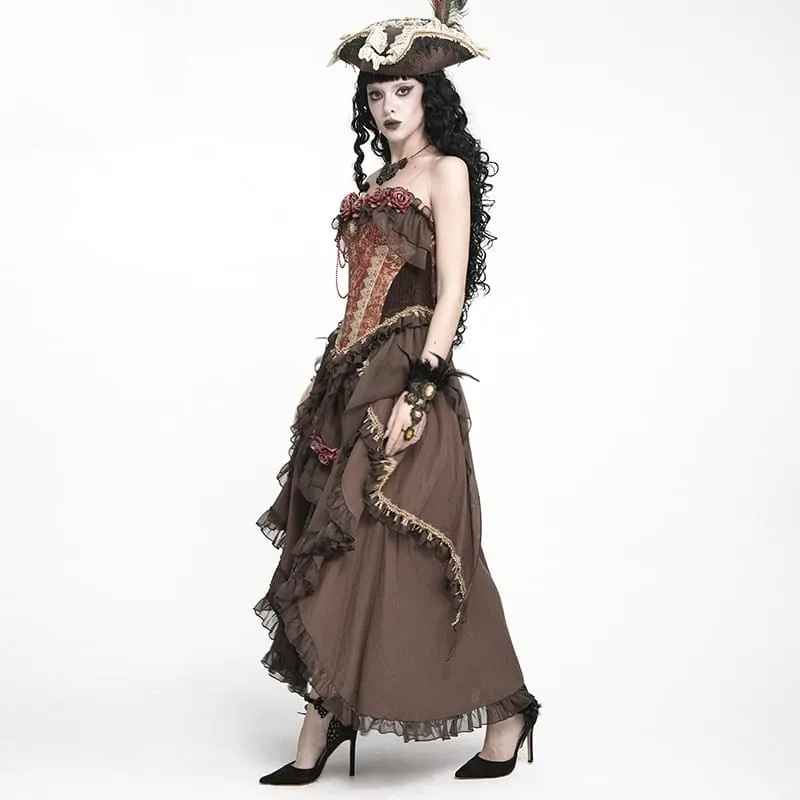Gothic-Jacquard-Rosen-Overbust-Korsett für Damen mit asymmetrisch drapierten, transparenten Chiffon-Schleifen