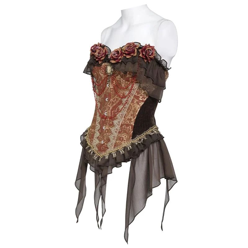 Gothic-Jacquard-Rosen-Overbust-Korsett für Damen mit asymmetrisch drapierten, transparenten Chiffon-Schleifen