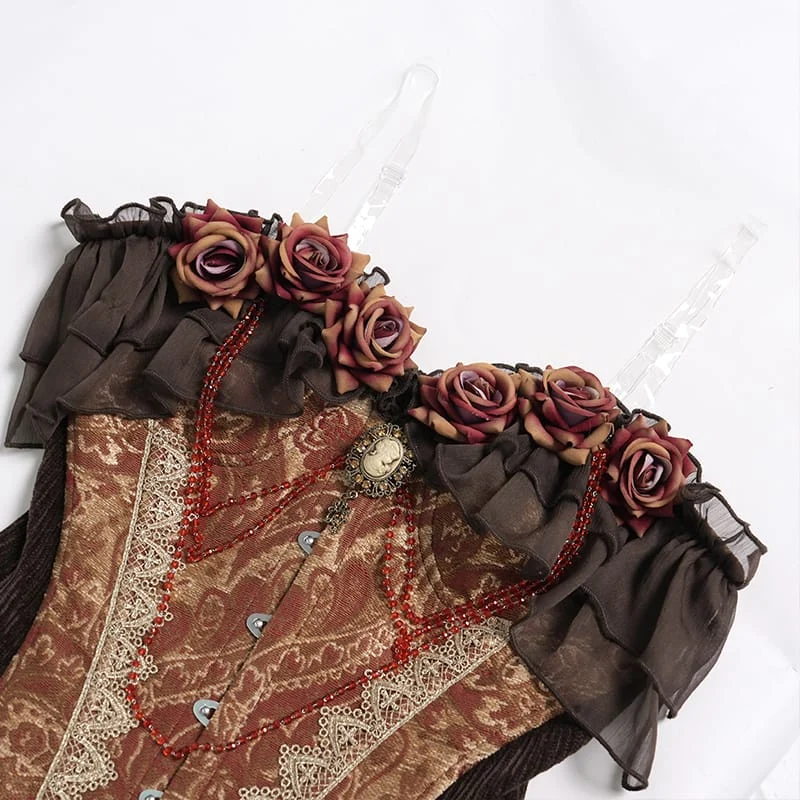 Gothic-Jacquard-Rosen-Overbust-Korsett für Damen mit asymmetrisch drapierten, transparenten Chiffon-Schleifen