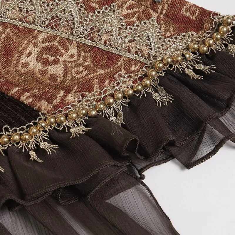 Gothic-Jacquard-Rosen-Overbust-Korsett für Damen mit asymmetrisch drapierten, transparenten Chiffon-Schleifen