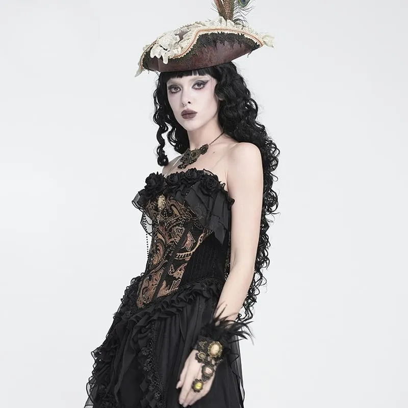 Gothic-Jacquard-Rosen-Overbust-Korsett für Damen mit asymmetrischen, fließenden Chiffon-Säumen