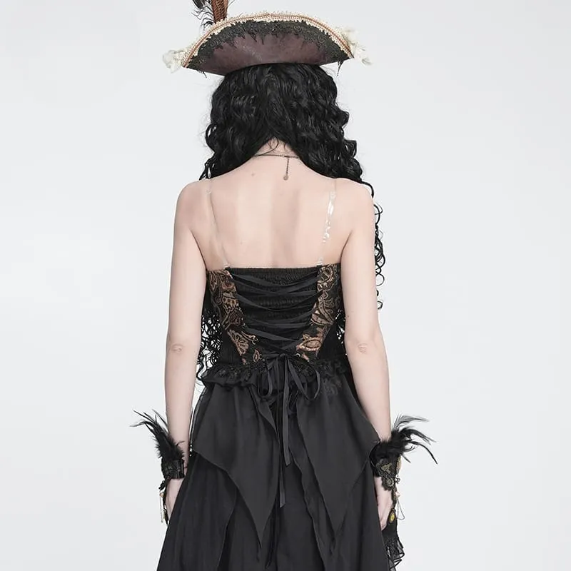 Gothic-Jacquard-Rosen-Overbust-Korsett für Damen mit asymmetrischen, fließenden Chiffon-Säumen