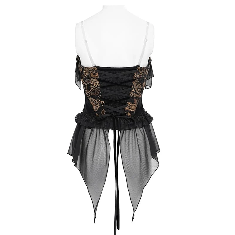 Gothic-Jacquard-Rosen-Overbust-Korsett für Damen mit asymmetrischen, fließenden Chiffon-Säumen