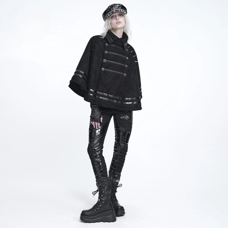 Gothic-Umhang für Damen mit Stehkragen, Stacheln und asymmetrischer, schräger Knopfleiste