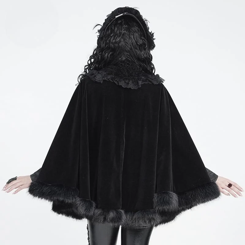 Gothic-Samtumhang für Damen mit besticktem Kunstpelzbesatz und passender Halskrause