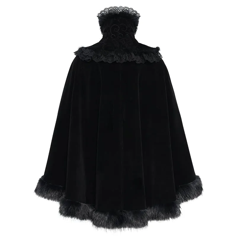 Gothic-Samtumhang für Damen mit besticktem Kunstpelzbesatz und passender Halskrause