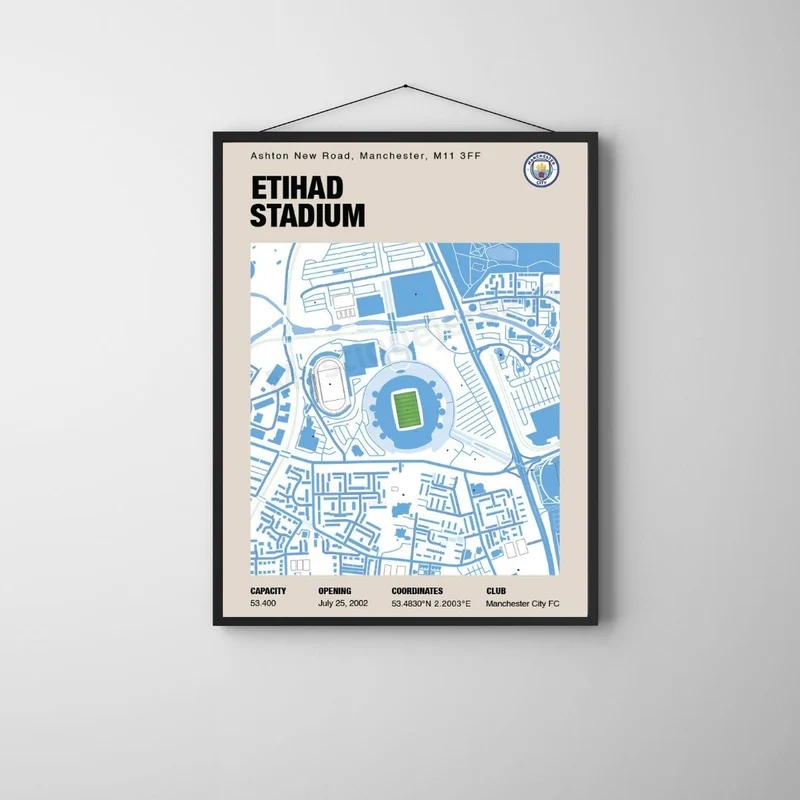 Manchester City Etihad Stadium A4-Kartendruck – Himmelblau-Weiß-Design