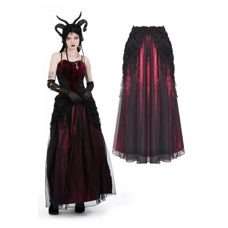 Damen-Gothic-Rock mit Blumenmuster und Quasten-Mesh-Spleiß