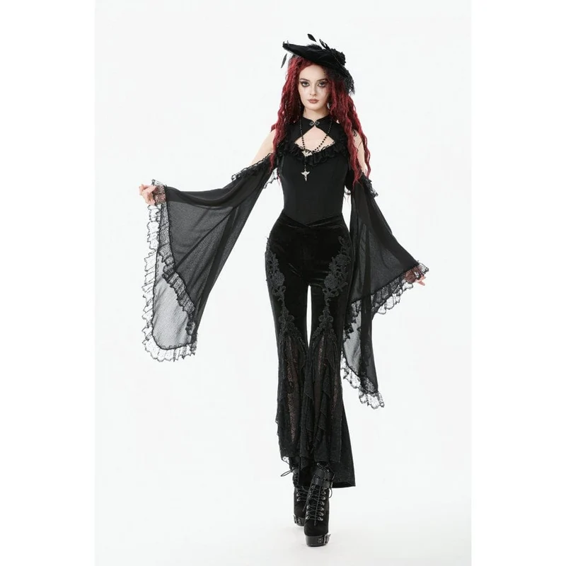 Gothic-Schlaghose mit Blumenstickerei für Damen