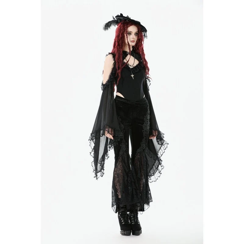 Gothic-Schlaghose mit Blumenstickerei für Damen