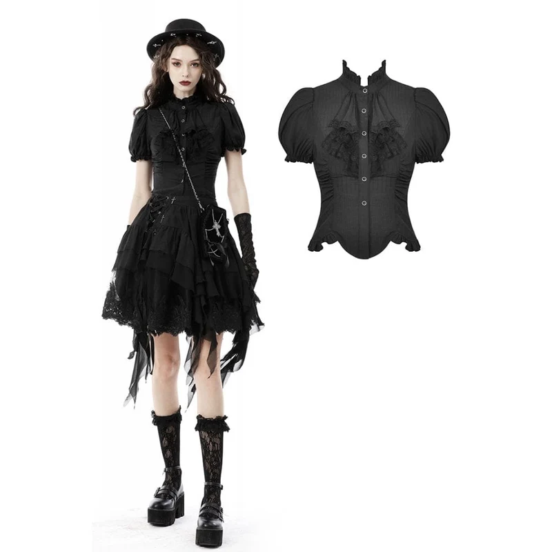Damen Gothic Rüschen Kurz Puffärmel Shirt Schwarz