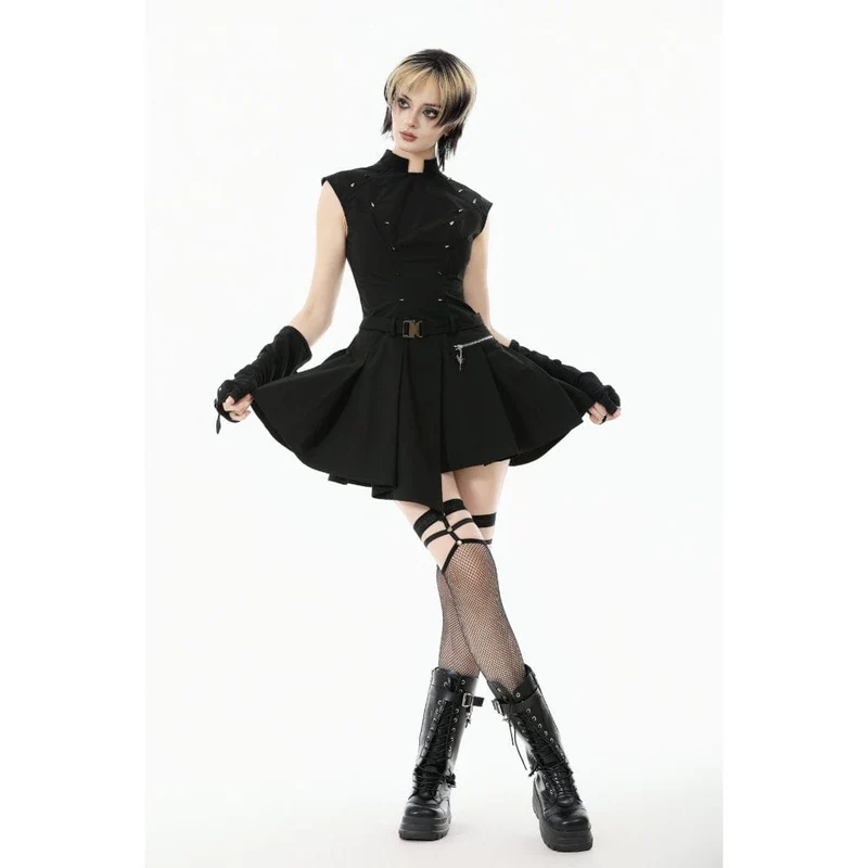 Asymmetrisches Plisseekleid mit Punk-Nieten für Damen