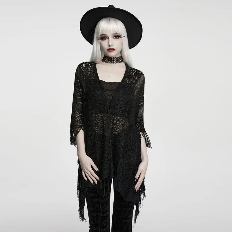 Gothic-Pullover mit Schnürung und Quasten für Damen