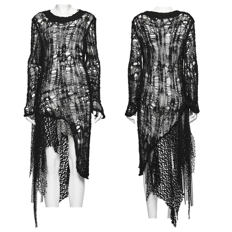 Gothic-Kleid für Damen mit ausgefranstem, unregelmäßigem Saum und langen Ärmeln