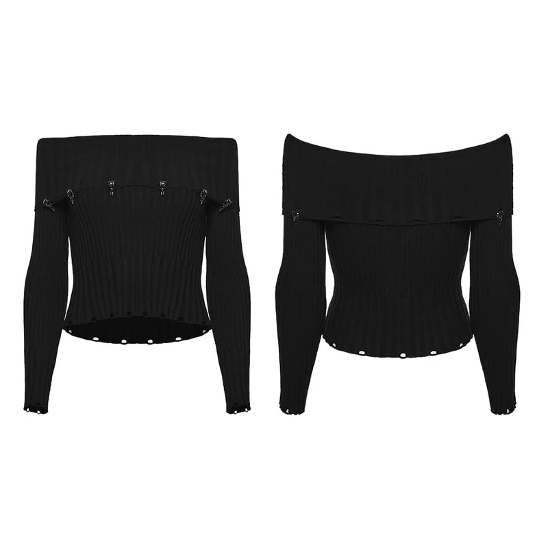 Punk-Pullover mit Rabenschädel-Verzierung und schulterfreiem Rippstrickbündchen für Damen