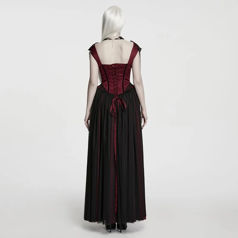 Schwarz-rotes, gotisches Maxikleid mit Applikationen und Kettenverzierung für Damen – Hochzeitskleid