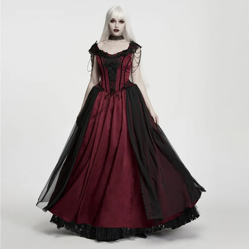 Schwarz-rotes, gotisches Maxikleid mit Applikationen und Kettenverzierung für Damen – Hochzeitskleid