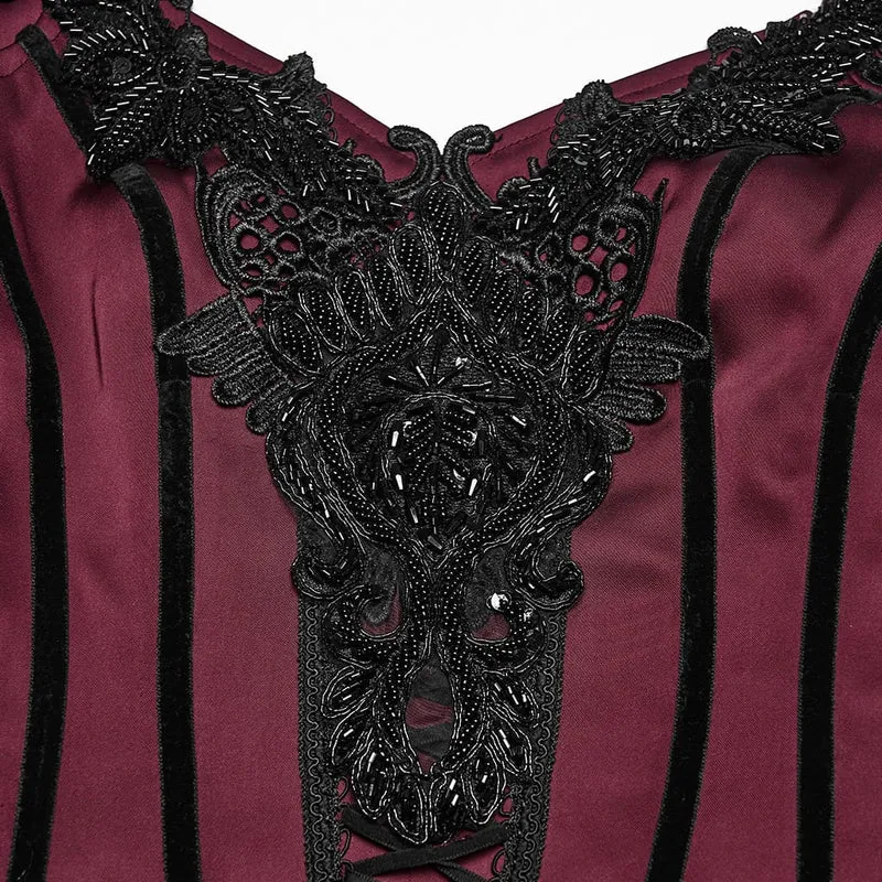 Schwarz-rotes, gotisches Maxikleid mit Applikationen und Kettenverzierung für Damen – Hochzeitskleid