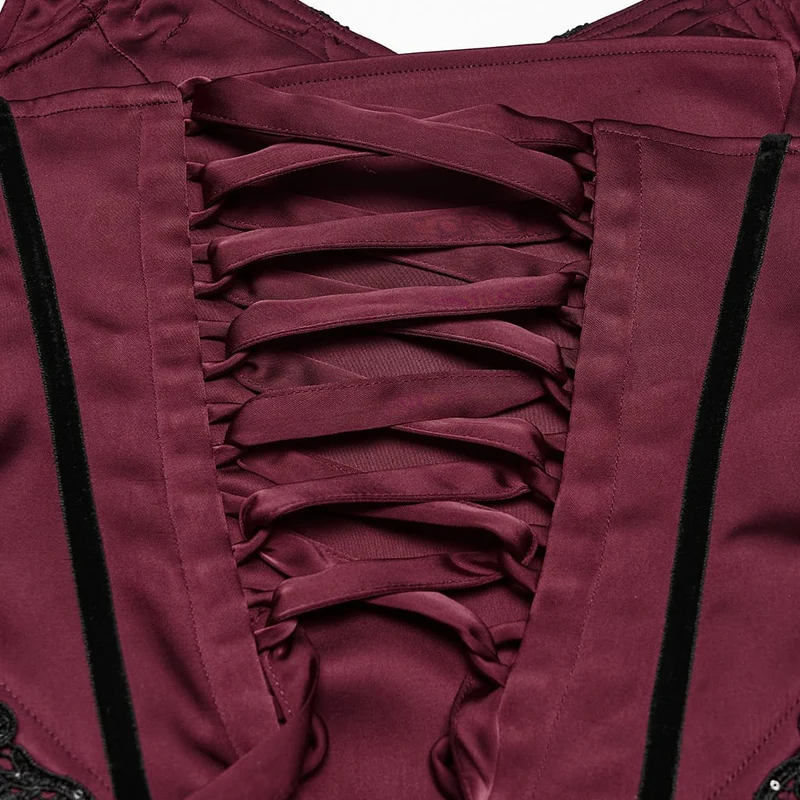 Schwarz-rotes, gotisches Maxikleid mit Applikationen und Kettenverzierung für Damen – Hochzeitskleid