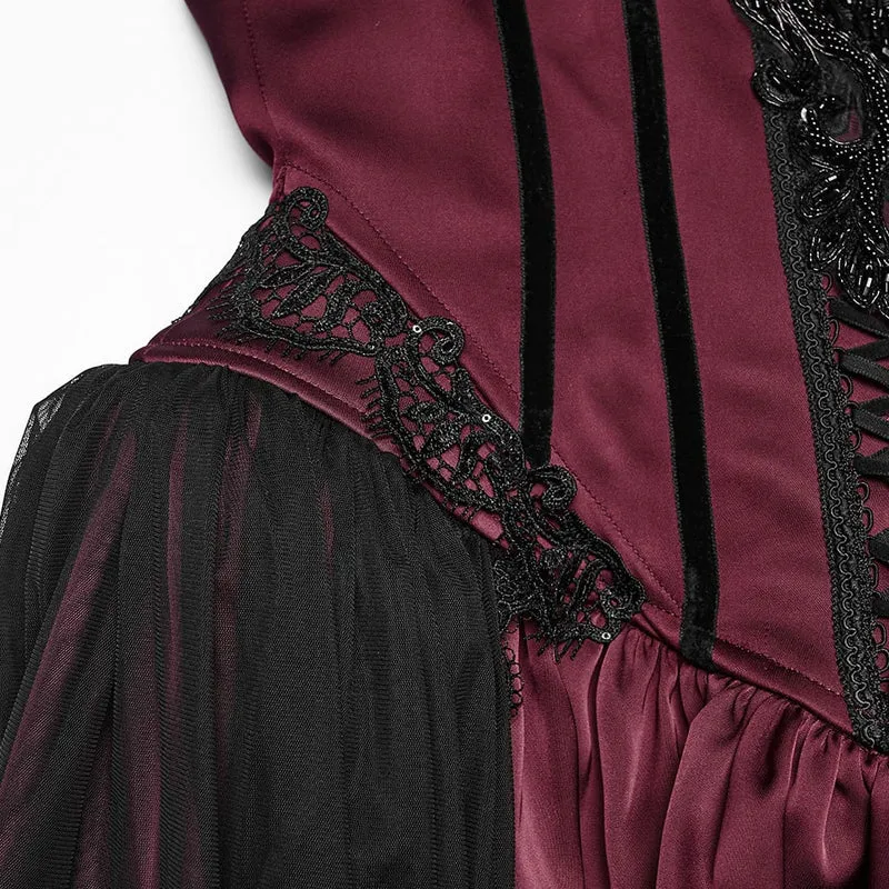 Schwarz-rotes, gotisches Maxikleid mit Applikationen und Kettenverzierung für Damen – Hochzeitskleid