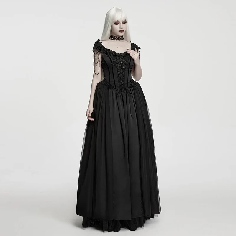 Schwarzes, ärmelloses Maxikleid im Gothic-Stil mit Applikationen und Kettenverzierungen für Damen – Hochzeitskleid