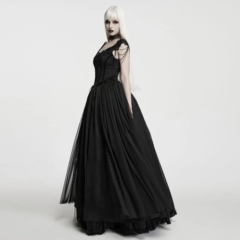 Schwarzes, ärmelloses Maxikleid im Gothic-Stil mit Applikationen und Kettenverzierungen für Damen – Hochzeitskleid