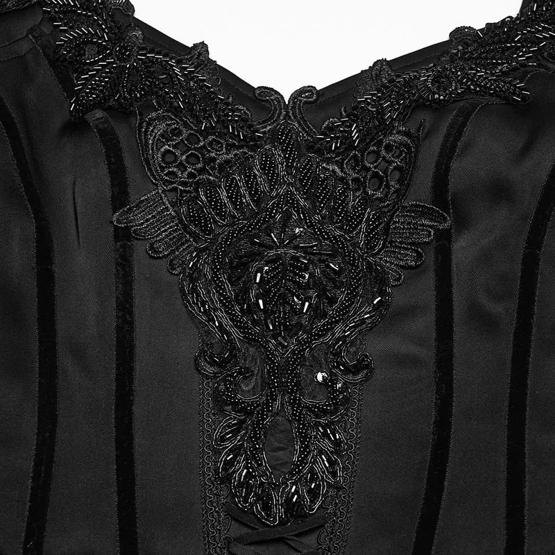 Schwarzes, ärmelloses Maxikleid im Gothic-Stil mit Applikationen und Kettenverzierungen für Damen – Hochzeitskleid