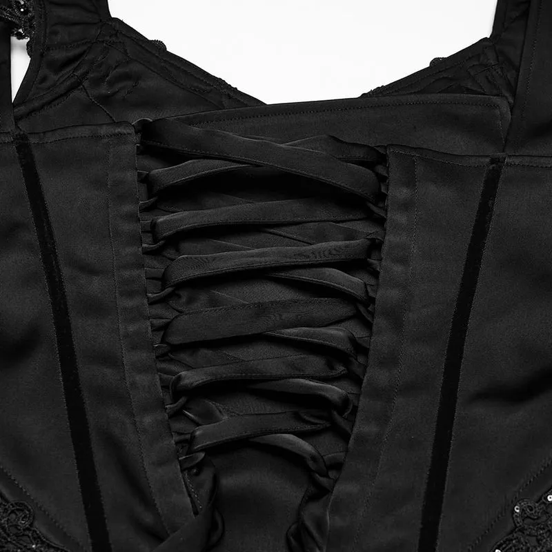 Schwarzes, ärmelloses Maxikleid im Gothic-Stil mit Applikationen und Kettenverzierungen für Damen – Hochzeitskleid