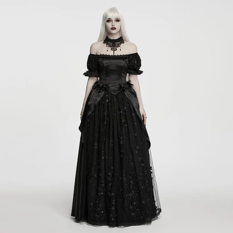 Schwarzes, gotisches Maxikleid mit Perlenbesatz, Rosenmuster, eckigem Kragen und Puffärmeln – ideal als Hochzeitskleid.