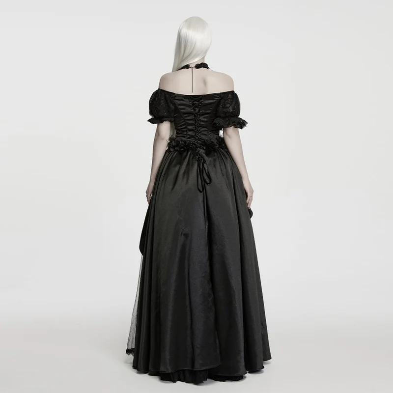 Schwarzes, gotisches Maxikleid mit Perlenbesatz, Rosenmuster, eckigem Kragen und Puffärmeln – ideal als Hochzeitskleid.