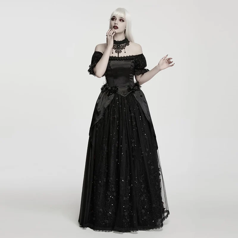 Schwarzes, gotisches Maxikleid mit Perlenbesatz, Rosenmuster, eckigem Kragen und Puffärmeln – ideal als Hochzeitskleid.