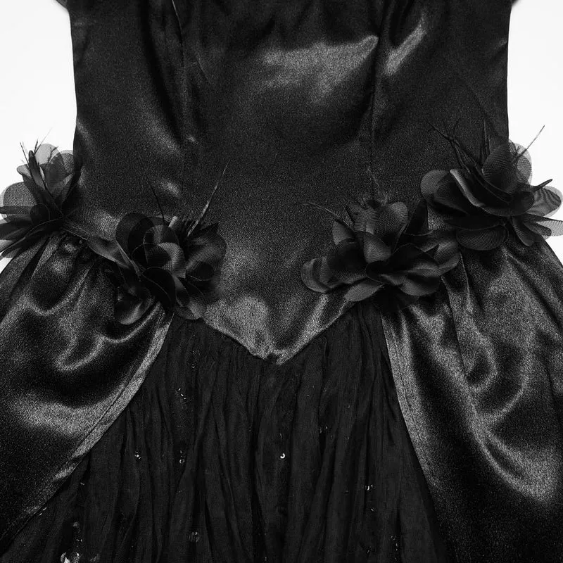 Schwarzes, gotisches Maxikleid mit Perlenbesatz, Rosenmuster, eckigem Kragen und Puffärmeln – ideal als Hochzeitskleid.