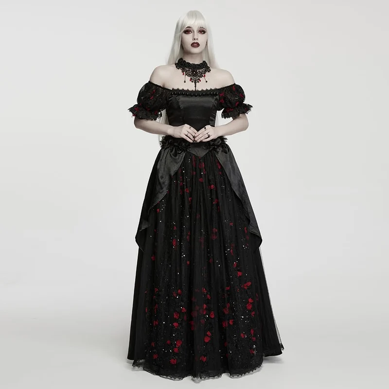 Gothic-Maxikleid mit Perlenbesatz, Rosenmuster, eckigem Kragen und Puffärmeln, schwarz-rot