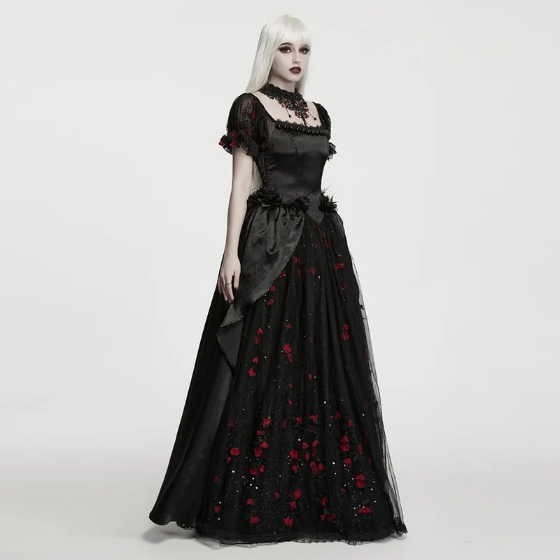 Gothic-Maxikleid mit Perlenbesatz, Rosenmuster, eckigem Kragen und Puffärmeln, schwarz-rot