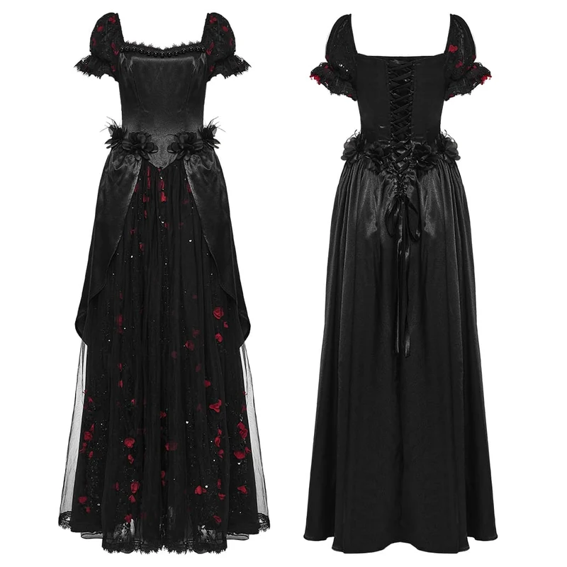 Gothic-Maxikleid mit Perlenbesatz, Rosenmuster, eckigem Kragen und Puffärmeln, schwarz-rot