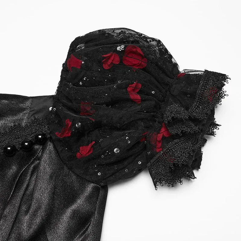Gothic-Maxikleid mit Perlenbesatz, Rosenmuster, eckigem Kragen und Puffärmeln, schwarz-rot