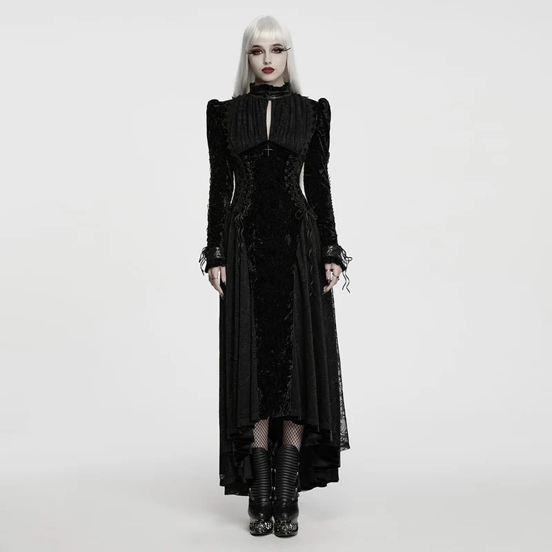 Schwarzes Gothic-Maxikleid für Damen mit Cut-outs, Schnürung und asymmetrischem Saum