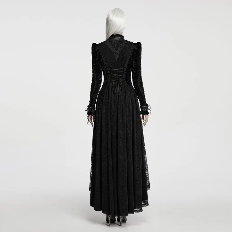 Schwarzes Gothic-Maxikleid für Damen mit Cut-outs, Schnürung und asymmetrischem Saum