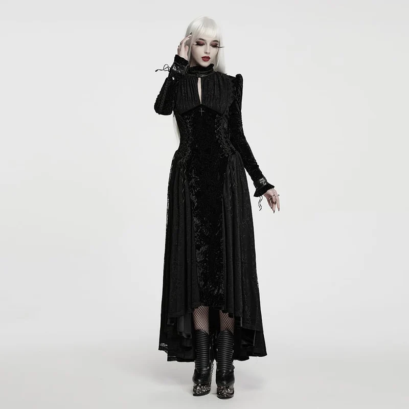 Schwarzes Gothic-Maxikleid für Damen mit Cut-outs, Schnürung und asymmetrischem Saum