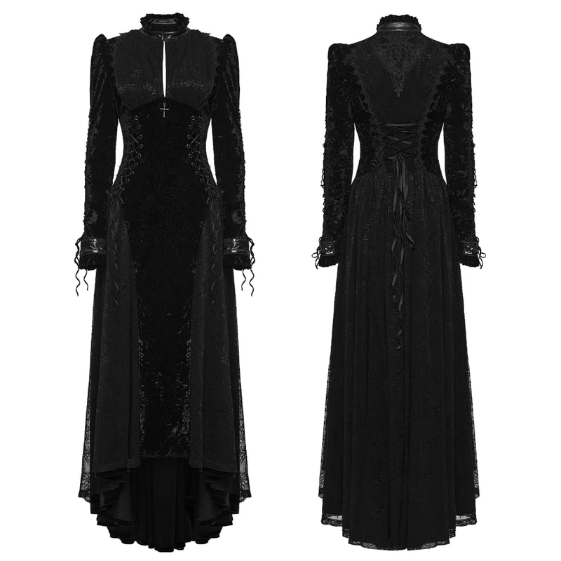 Schwarzes Gothic-Maxikleid für Damen mit Cut-outs, Schnürung und asymmetrischem Saum