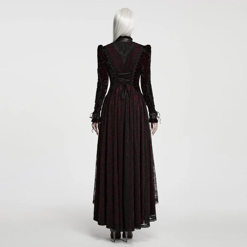 Gothic-Maxikleid für Damen mit Cut-outs, Schnürung und asymmetrischem Saum, schwarz-rot