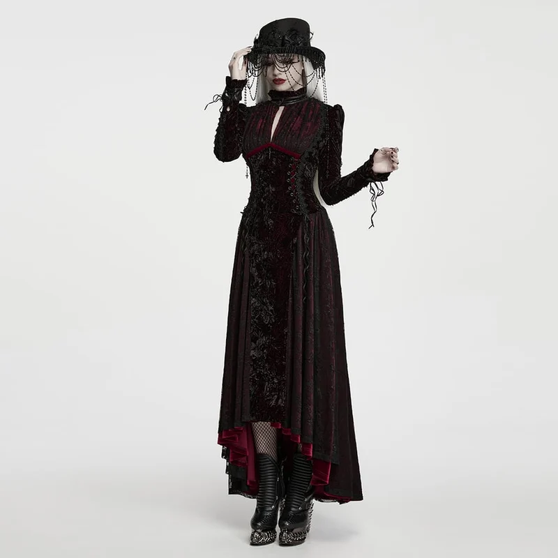 Gothic-Maxikleid für Damen mit Cut-outs, Schnürung und asymmetrischem Saum, schwarz-rot