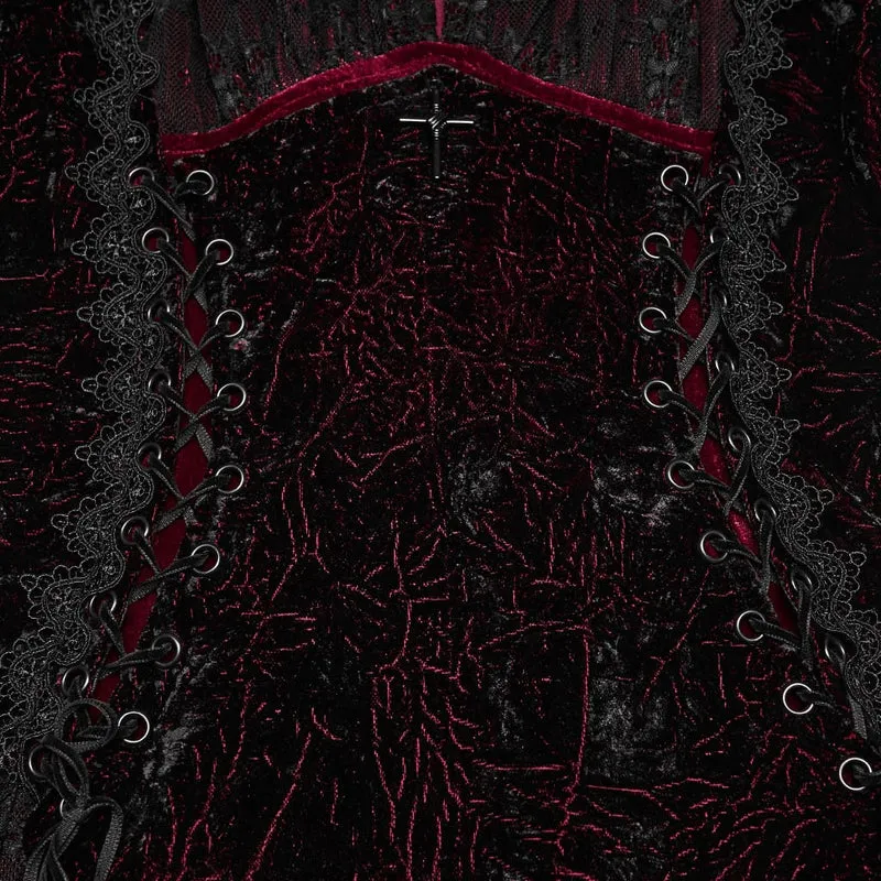 Gothic-Maxikleid für Damen mit Cut-outs, Schnürung und asymmetrischem Saum, schwarz-rot